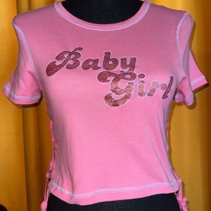 SOLD 🚫 Urban Outfitters NWT Pink Baby Girl Lattice Side Cropped Tee